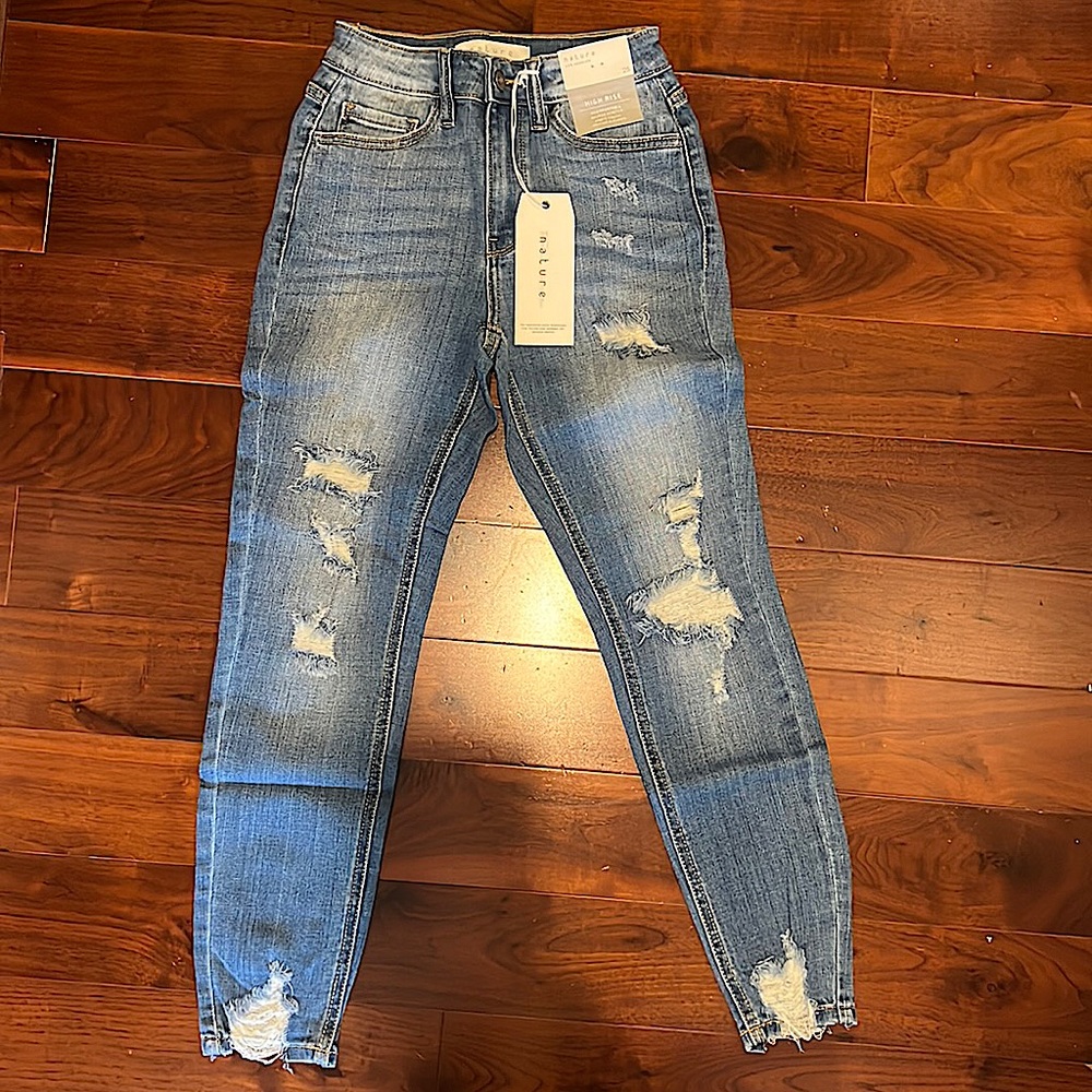High rise distressed skinny jeans